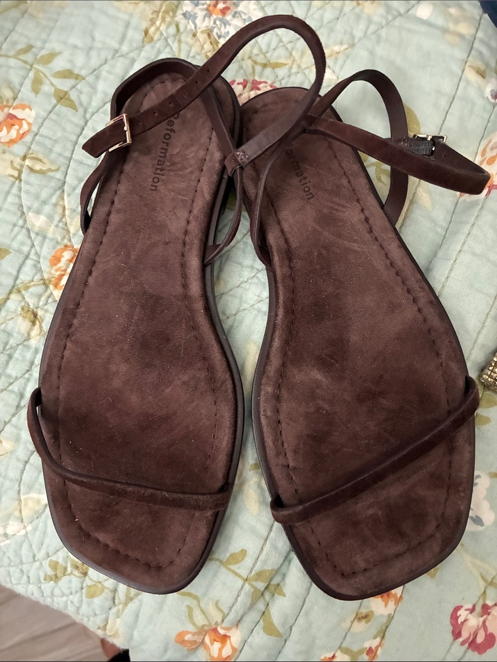 Reformation Chocolate Brown Suede Strappy Square-Toe Sandals